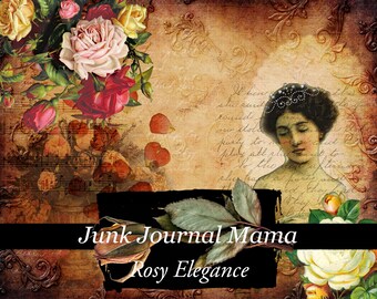 Rosy Elegance, junk journal, digital kit, handmade journal, book page, vintage journal, rose journal, journal printable, shabby chic journal