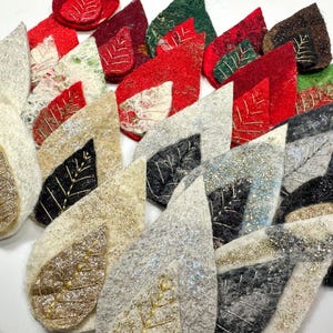 5 pc-lot of 5 hand embroidered felted wool leaf patches, sequins, 5 felt leaf badge for parties