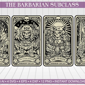 Juego de 4 cartas del Tarot de la subclase bárbara / Lindo esqueleto gótico SVG / Arte de clase DnD / Árbol del mundo tótem zelote berserker / Decoración de fantasía imprimible