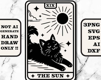 Hand Drawn Black Cat Sun Tarot SVG & PNG, Witchy Celestial Art for Cricut, Printable Gothic Cat Clipart