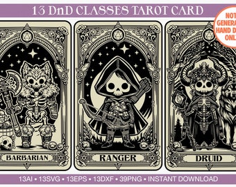 DnD Bundle Class SVG, Skeleton Tarot Card, Gothic Fantasy Illustration, RPG Game Dice