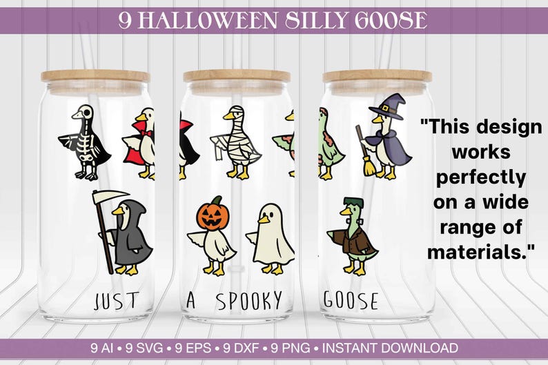 May include: Three clear glass tumblers with wooden lids, each featuring a Halloween-themed goose design. The designs include a skeleton, vampire, mummy, witch, and Frankenstein. Text on the tumblers reads "Just a Spooky Goose."
