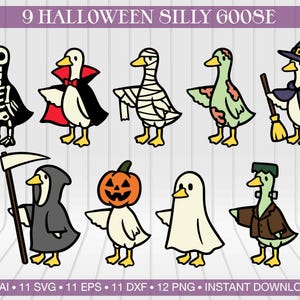 May include: A collection of nine cartoon geese dressed in Halloween costumes. The geese are depicted as a skeleton, vampire, mummy, zombie, witch, grim reaper, jack-o'-lantern, ghost, and Frankenstein's monster. The text "9 HALLOWEEN SILLY GOOSE" is at the top.