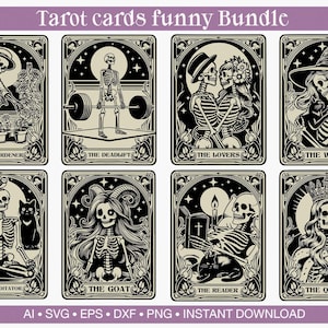 Lot de 8 cartes de tarot drôles svg png ai eps dxf crâne tarot svg ∞ squelette drôle png ∞ carte de tarot png ∞ svg sorcellerie ∞ carte tarot lune svg