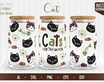 Chat Libbey peut emballer en verre SVG, conception de sublimation de gobelet de chaton sans couture, motif de vie de chat