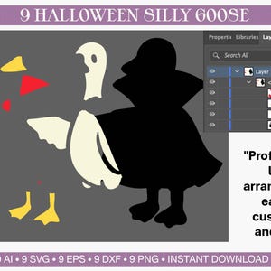 May include: A vector graphic of a Halloween-themed goose in black, white, red, and yellow. The image includes the text "9 Halloween Silly Goose" and "Professional layer arrangement, easy to customize and edit."