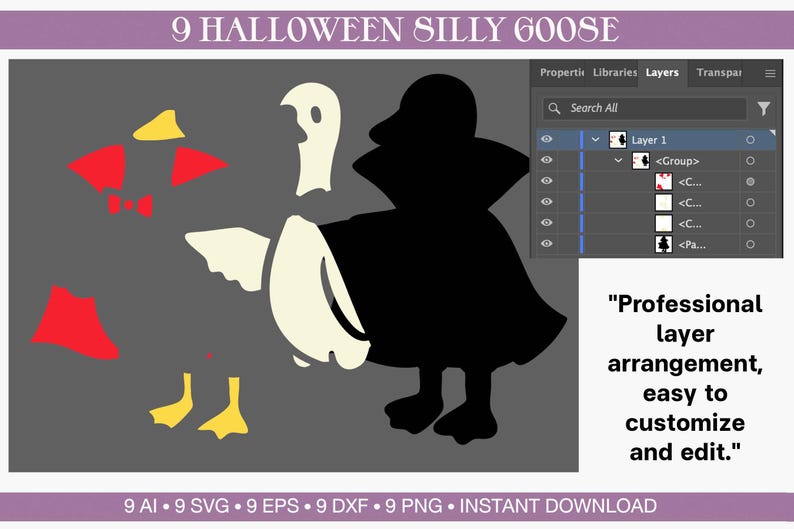 May include: A vector graphic of a Halloween-themed goose in black, white, red, and yellow. The image includes the text "9 Halloween Silly Goose" and "Professional layer arrangement, easy to customize and edit."
