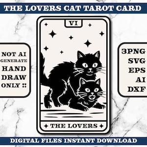 Pode incluir: Design de carta de tarô em preto e branco com dois gatos, rotulada como "Os Amantes". O cartão inclui o algarismo romano "VI" e estrelas. O texto no cartão diz "NOT AI GENERATE HAND DRAW ONLY ::" e "DOWNLOAD INSTANTÂNEO DE ARQUIVOS DIGITAIS."