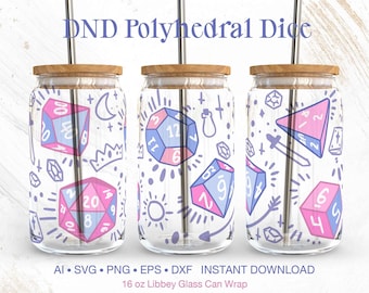 DnD Libbey Glass Can Wrap PNG, Polyhedral Dice Tumbler Sublimation, Pastel D20 Dice Design