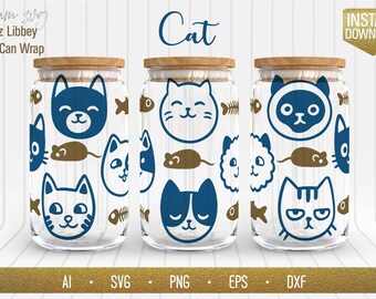 Chaton Libbey peut emballer en verre SVG, conception de sublimation de gobelet de chat sans couture, modèle d'amant d'animal de compagnie