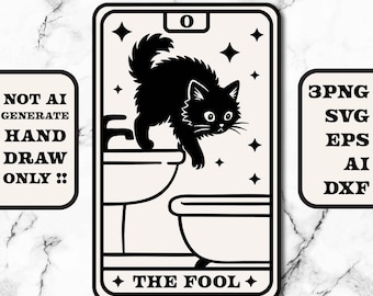 The Fool Tarot Card SVG, Hand Drawn Black Cat Art, Witchy Cricut File for Sublimation, Gothic PNG