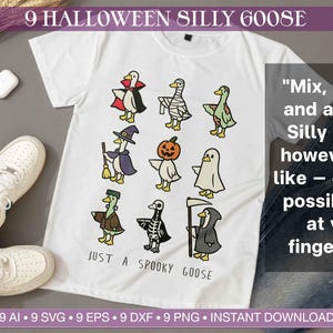 May include: White t-shirt featuring nine cartoon geese dressed in Halloween costumes. The shirt includes the text "JUST A SPOOKY GOOSE" and a quote about endless possibilities. The image also shows white sneakers and a pair of jeans.