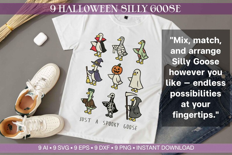 May include: White t-shirt featuring nine cartoon geese dressed in Halloween costumes. The shirt includes the text "JUST A SPOOKY GOOSE" and a quote about endless possibilities. The image also shows white sneakers and a pair of jeans.