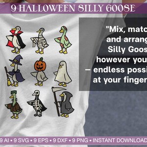 May include: White t-shirt featuring nine cartoon geese in Halloween costumes. The geese are dressed as a vampire, mummy, witch, jack-o'-lantern, ghost, Frankenstein, skeleton, and grim reaper. Text on the shirt says "Mix, match, and arrange Silly Goose however you like - endless possibilities at your fingertips."