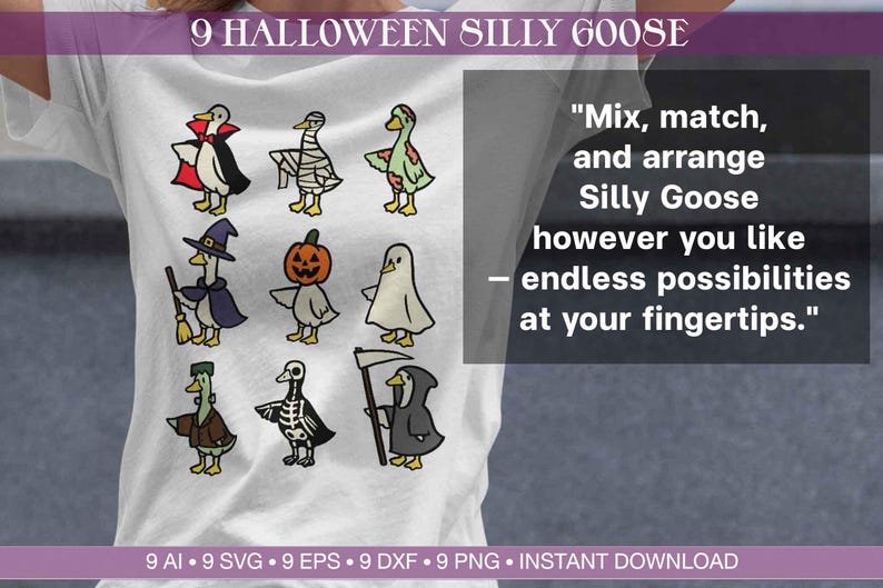 May include: White t-shirt featuring nine cartoon geese in Halloween costumes. The geese are dressed as a vampire, mummy, witch, jack-o'-lantern, ghost, Frankenstein, skeleton, and grim reaper. Text on the shirt says "Mix, match, and arrange Silly Goose however you like - endless possibilities at your fingertips."