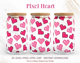 Pixel Heart Seamless Glass Can Wrap SVG, Retro 8-bit Tumbler Sublimation, Valentine's Day Gamer