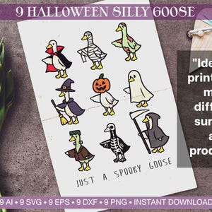 May include: A white card with nine cartoon geese dressed in Halloween costumes. The geese are in various costumes, including a vampire, mummy, witch, pumpkin, and grim reaper. Text on the card reads "9 Halloween Silly Goose" and "Just a Spooky Goose."