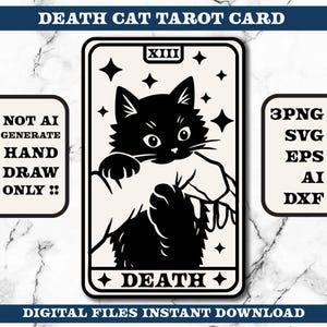 Handritat svart katt dödskort SVG: Tarot PNG-fil för Cricut, gotisk häxig T-shirtdesign