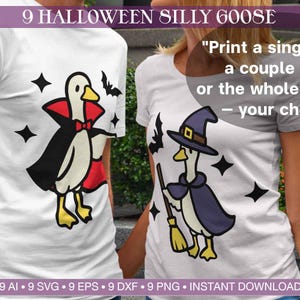 May include: White t-shirts with Halloween-themed goose designs. One goose wears a vampire cape and bow tie, the other a witch hat and cape, holding a broom. Text reads "Print a single shirt, a couple shirt, or the whole family's - your choice."