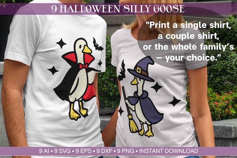 May include: White t-shirts with Halloween-themed goose designs. One goose wears a vampire cape and bow tie, the other a witch hat and cape, holding a broom. Text reads "Print a single shirt, a couple shirt, or the whole family's - your choice."