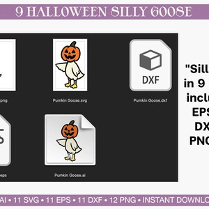 May include: A digital download graphic set featuring a cartoon goose with a pumpkin head. The set includes 9 designs in AI, EPS, SVG, DXF, and PNG file formats. The text reads "Silly Goose in 9 designs, includes AI, EPS, SVG, DXF, and PNG files."