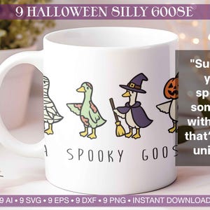 May include: White ceramic mug featuring Halloween-themed goose illustrations. The design includes geese dressed as a mummy, a witch, and a jack-o'-lantern. The text "A Spooky Goose" is printed on the mug. The mug is a unique gift idea.