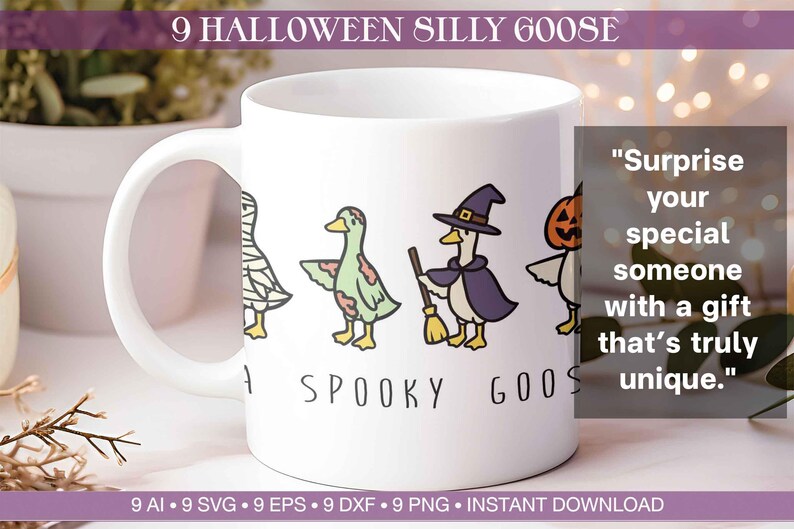 May include: White ceramic mug featuring Halloween-themed goose illustrations. The design includes geese dressed as a mummy, a witch, and a jack-o'-lantern. The text "A Spooky Goose" is printed on the mug. The mug is a unique gift idea.