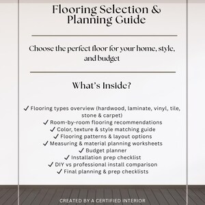 May include: A white guide titled "Flooring Selection & Planning Guide" with text about choosing the right floor for your home. The guide includes information on flooring types, room recommendations, color guides, and planning worksheets.