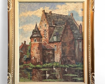 Vintage Painting - Medieval Castle with Moat and Swans