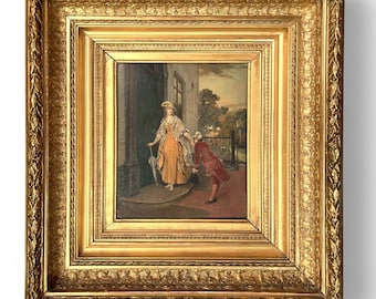 Antique Painting, Gallant Scene at the Doorstep, signed and dated, with beautiful gold-colored frame, Beautiful lady at her doorstep, French