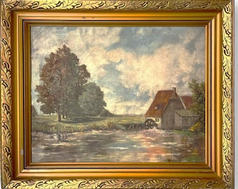 Landscape with Water Mill and River - vintage painting - the forties