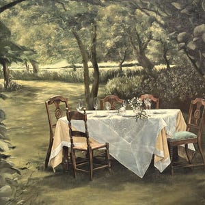 May include: An oil painting depicts a table set for a meal in a garden setting. The table is covered with a white tablecloth and set with glasses and plates. Four wooden chairs surround the table, and flowers are in the center.