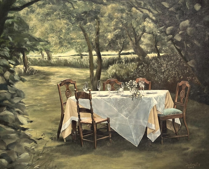 May include: An oil painting depicts a table set for a meal in a garden setting. The table is covered with a white tablecloth and set with glasses and plates. Four wooden chairs surround the table, and flowers are in the center.
