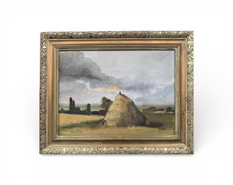 Vintage Haystack Landscape Painting by Belgian Artist A. De Man, 1970s Oil on Canvas, Framed Rural Farm Art