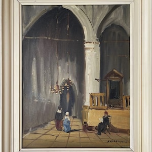 Jan Kelderman (1914-1990): Beautiful Interior of a Medieval Church - Oil on canvas - signed