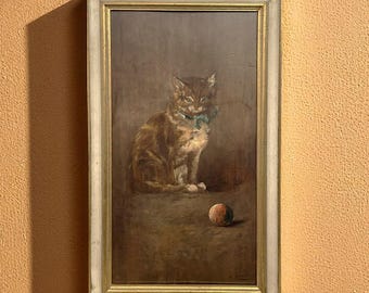 Playing Cat with Ball, Original Oil on Wood, Vintage painting, a playful cat, a cat with a ball, beautiful cat painting, signed, animals