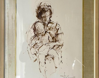 An Exceptional Vintage Bister Drawing of a Mother with Child – drawn by the Belgian artist Jose van Gucht (1913-1980)