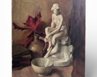Vintage Still Life Painting 1944 | Classical Figurine & Bowl | Signed Mid-Century Oil on Canvas | European Art