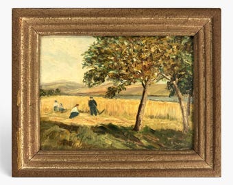 Vintage Oil Painting on Wood Panel, 1944 Signed & Dated, Rural Harvest Field Scene, European Farm Landscape, Antique Wall Art