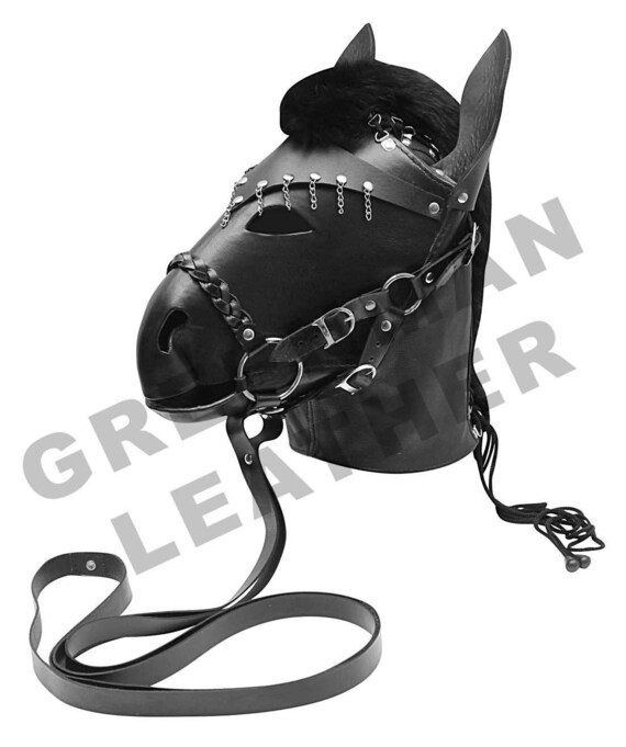 Real Leather Horse Mask New Black Leder RolePlay Horseplay Mask Hood with Reins
