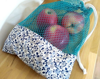 Sac à vrac réutilisable et lavable en tissu 100% coton imprimé Liberty / Filet mesh polyester turquoise