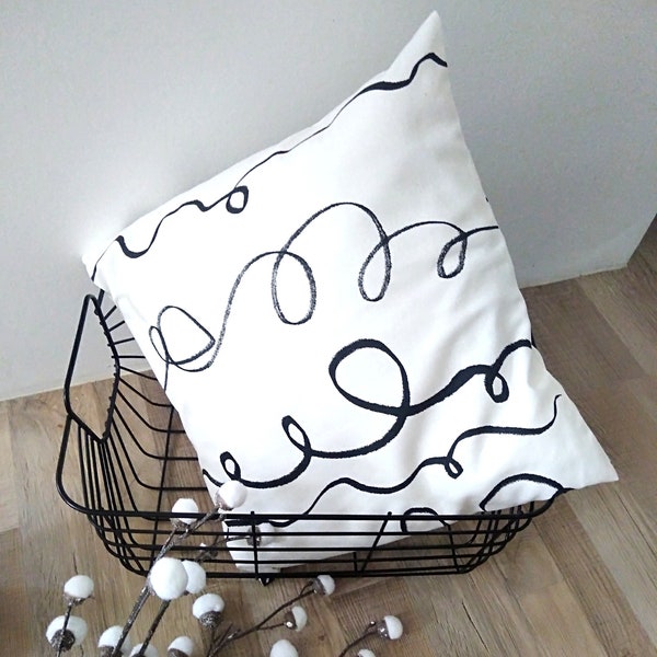 Housse de coussin noir et blanc imprimée Gribouillis/Coton/40x40cm/Décoration intérieur/Maison