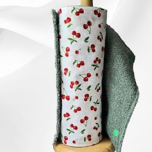 Toalha de papel lavável e reutilizável feita de tecido felpudo 100% algodão Oeko-Tex, verde | Rolo de 5 folhas | Cerejas
