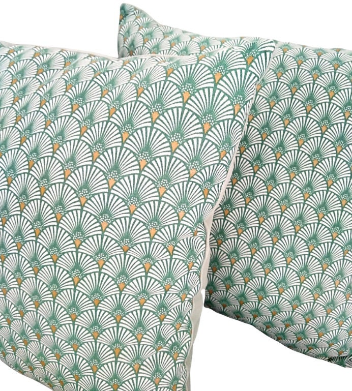 Seigaiha - Coussin Bicolore en Coton Imprimé Japonais Vert Pastel 40x40/Décoration Intérieur/Maison