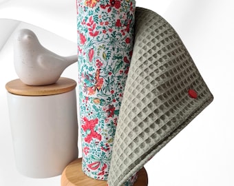 Wiederverwendbare, waschbare Papiertücher in Wabenstruktur, Öko-Tex-zertifiziert, Salbeigrün | 5 Blatt pro Rolle | Zero Waste | Baumwolle mit grün-rosa-orangefarbenem Blumenmuster