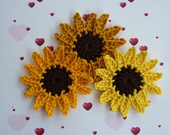 3 sunflower crochet cotton flowers