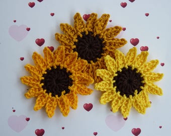 3 fleurs de tournesol  au crochet en coton