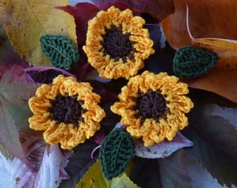 3 sunflowers and 3 crocheted leaves