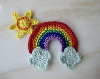 Arc en ciel et nuages et le soleil fait main au crochet en coton (4 pièces)