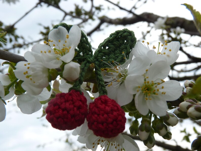 une paire de cerises rouges en 3D au crochet image 3